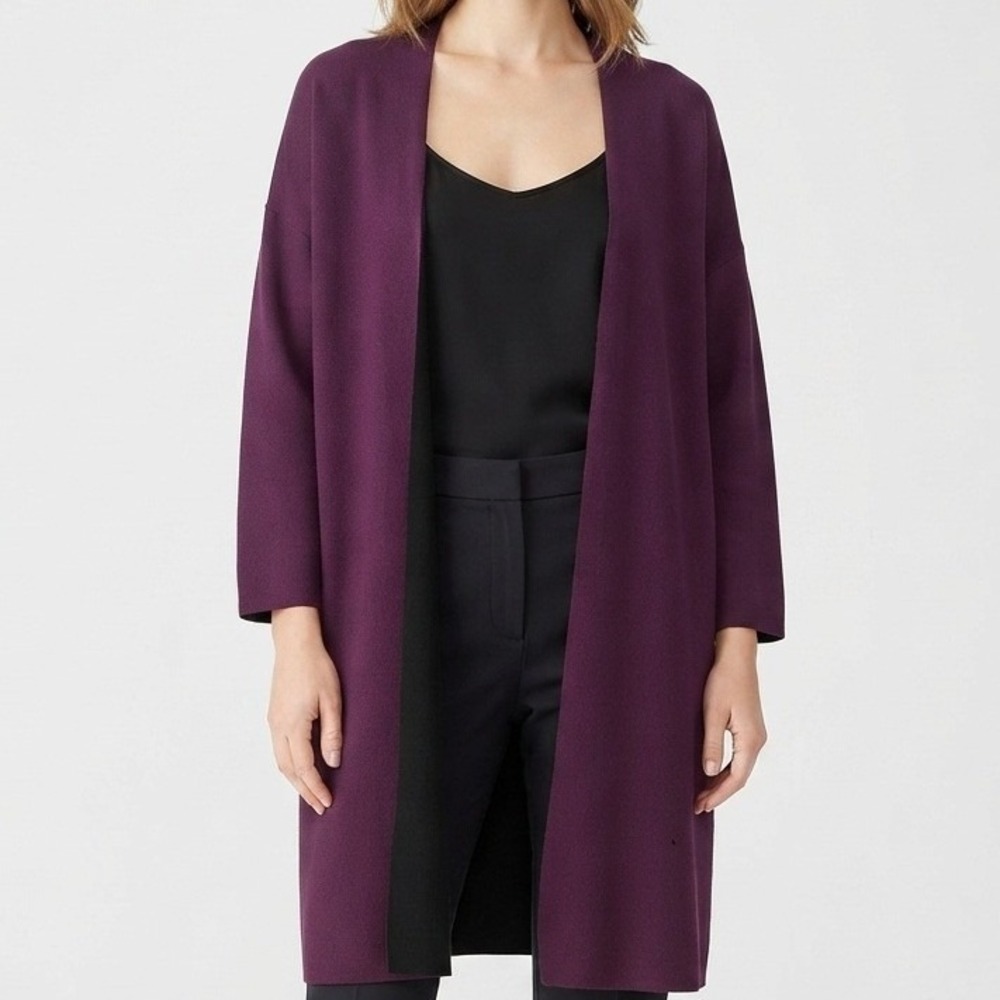 Chico's Travelers Cardigan Womens 2 Large Purple Open Front Longline Ribbed Knit